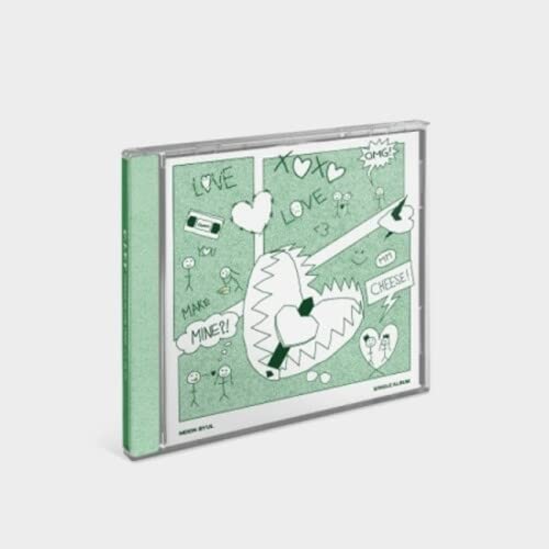 Moon Byul CD case with green comic-style illustration of cheese and hearts.