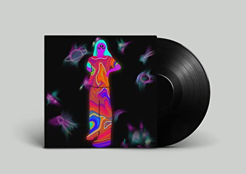 Vinyl record with colorful, psychedelic cover art featuring a figure and planets.