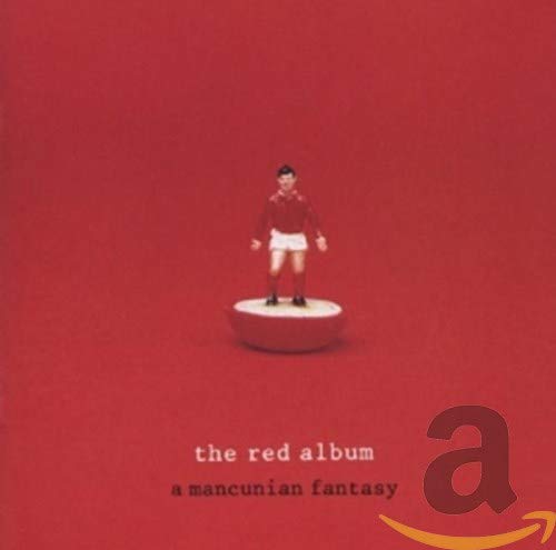 "Red album cover with small soccer player figurine on a red background."