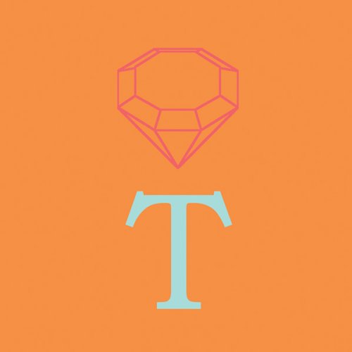 The image is an orange square with a purple diamond outline and a large, light blue "T".