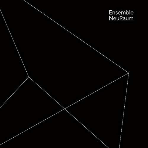 The image depicts a black background with white geometric lines and text. A concise, descriptive alt text for this image is: "Black album cover with white geometric lines and 'Ensemble NeuRaum' text."