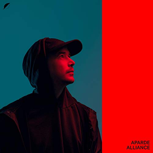 Hooded figure in profile, split red and teal background, album cover.