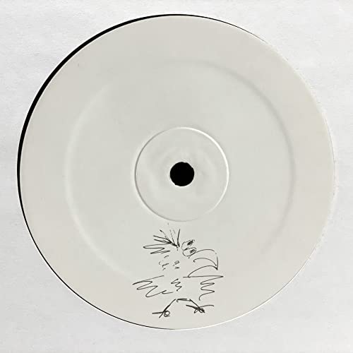 White vinyl record with a small, dark sketch of a dinosaur head.