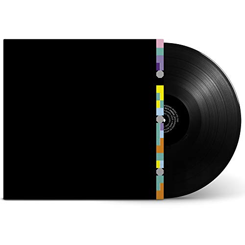 The image shows a black vinyl record sleeve with a colorful stripe on the right side. Here is a possible alt text: "Black vinyl record sleeve with multicolored stripe on the right edge."