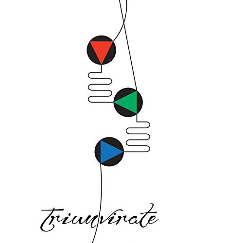 Abstract geometric design with red, green, and blue triangles within circles.