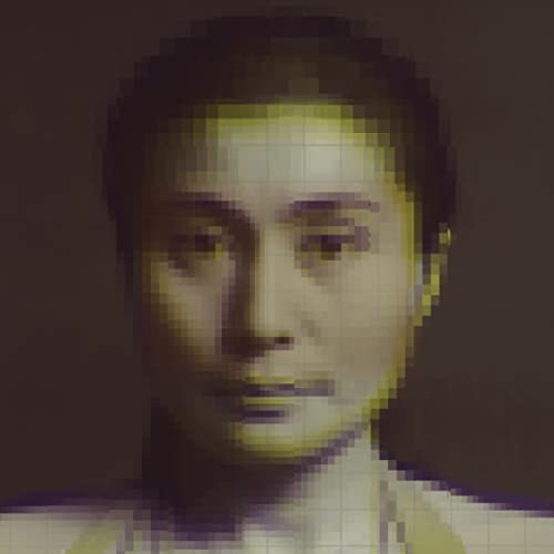 Pixelated portrait of Yoko Ono, likely album artwork for a tribute CD.
