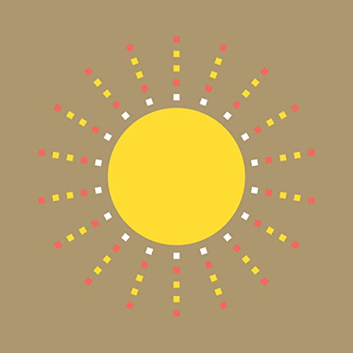 A yellow circle surrounded by radiating lines of small white, yellow, and red squares.