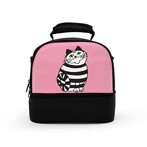 Pink and black lunch bag with a striped cat illustration.