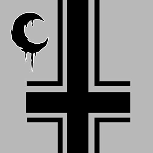 Black crescent moon and inverted cross on a gray background.