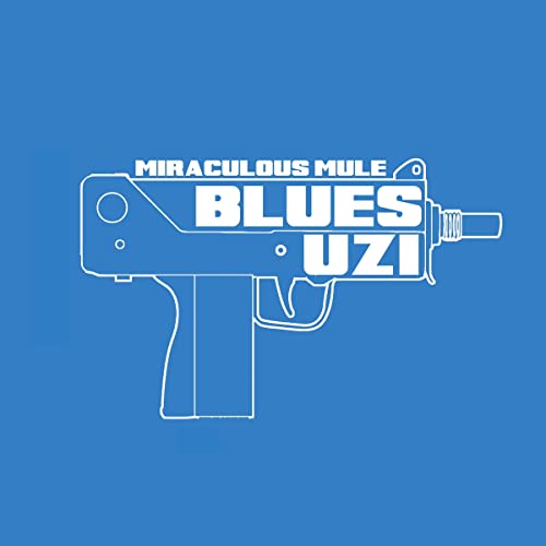 White outline of a Uzi submachine gun on a blue background.