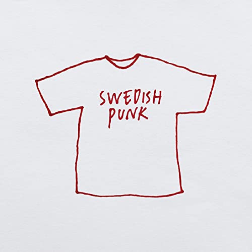 Red line drawing of a t-shirt with "Swedish Punk" text.