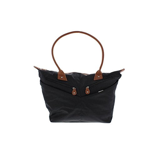 Black tote bag with brown handles, viewed against a white background.