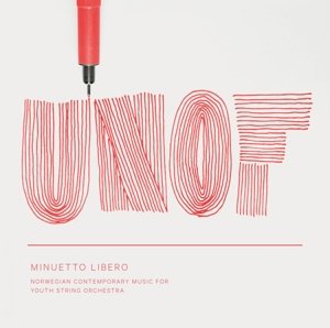 "Red pen drawing striped 'UNOF' text on a white background, with smaller text below."