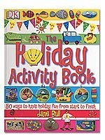 The image depicts a woman holding a book titled "The holiday activity book" with EAN barcode 9781405352468. For the given image, a suitable alt text could be: Woman holding a book with a cup and saucer nearby.