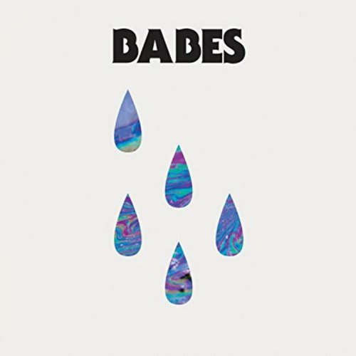 The image shows a CD cover with the title "Babes" and five teardrop shapes. The alt text is: "CD cover with 'Babes' and five marbled teardrops on a white background."