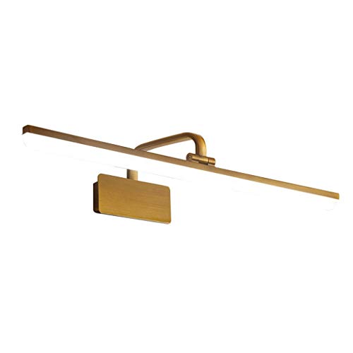 Brass picture light with a white, rectangular illuminated panel.
