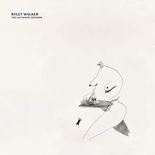 "Album cover with simple black and white drawing of a bird-like figure on beige background."