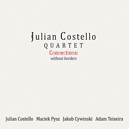 "Album cover with beige background, black and red text, listing the quartet members."