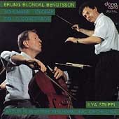 "CD cover showing a cellist and a conductor performing on a black background."