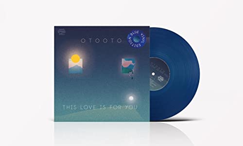 Blue vinyl record and cover art with a sun and landscape design.