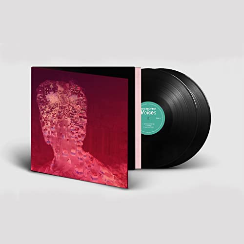 Max Richter's "Voices" vinyl record with abstract pink and blue cover art.