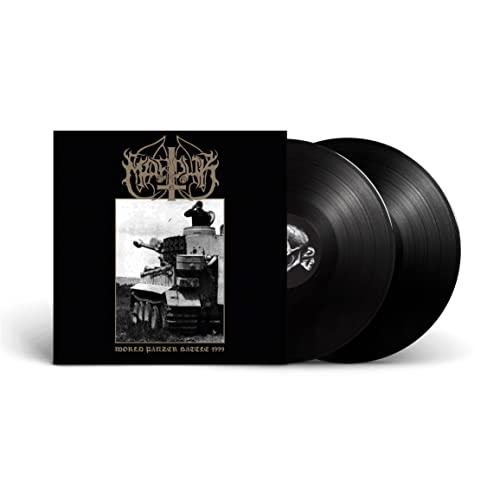 Black vinyl record with cover art depicting a tank and band logo.