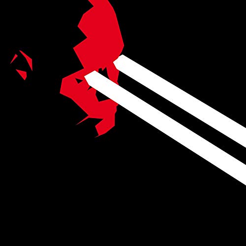 Abstract red jagged shapes andH and two diagonal white lines on a black background.