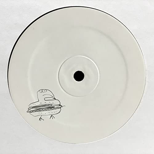 White vinyl record with a black sketch of a hamburger spaceship.
