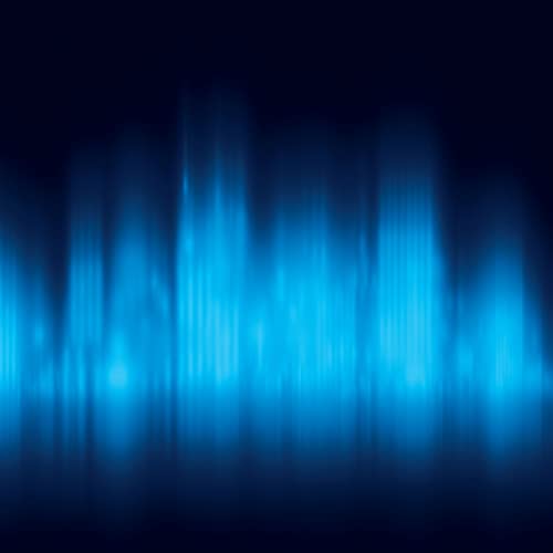 Abstract blue and black vertical lines resembling sound waves.