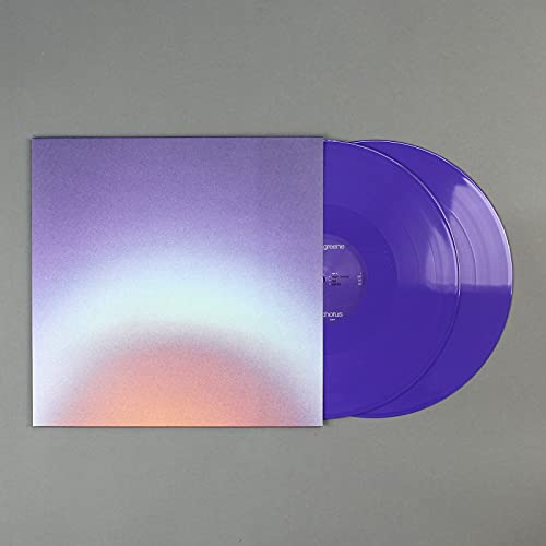 Purple vinyl record and album cover with gradient background.