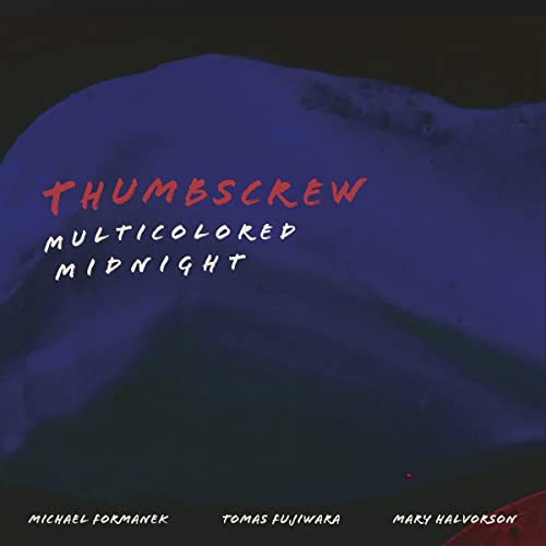 Album cover with abstract blue shape on black background and white and red text.