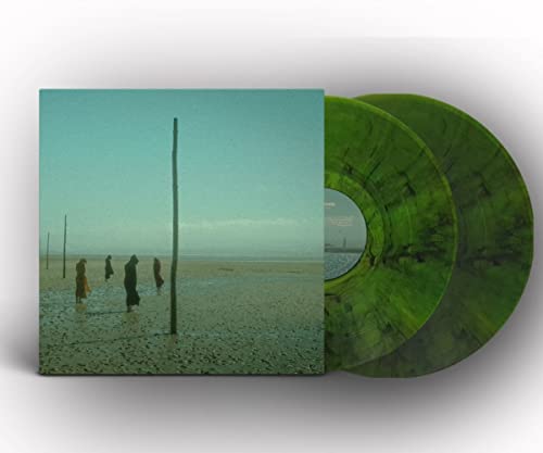 Vinyl record with green and black marbling, album cover showing figures on a beach.