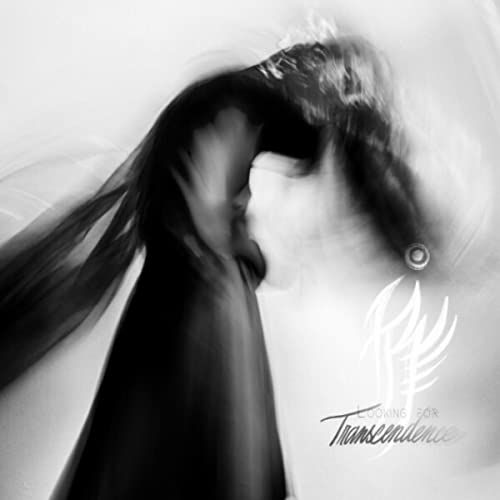 Blurred figure with long dark hair and stylized white wings.