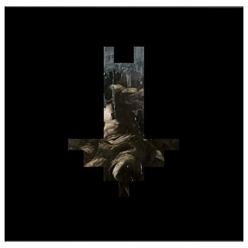A crucified man with a distorted, pixelated effect on a black background.