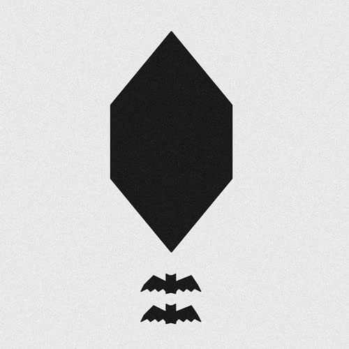 Black diamond shape above three black bat silhouettes on white.
