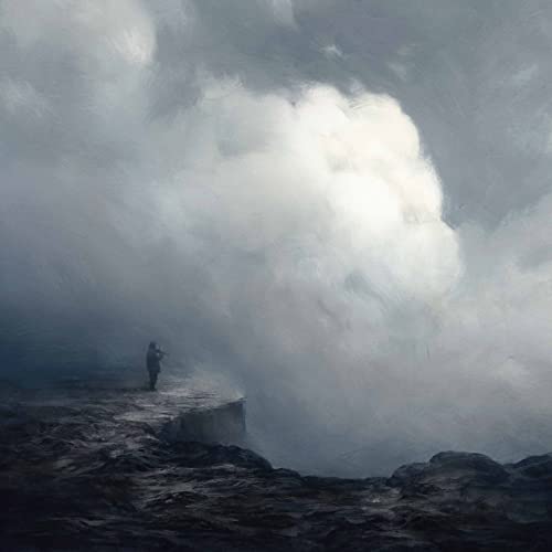 Dark, stormy landscape with a lone figure standing on a cliff edge.