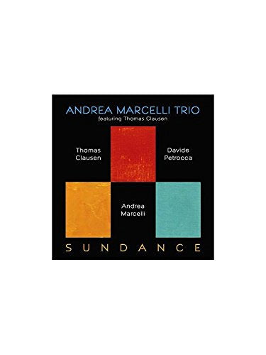 Andrea Marcelli Trio CD cover with black background, four colored squares, and artist names.