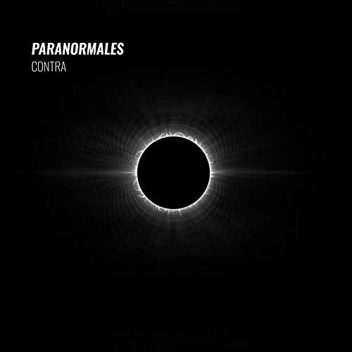 "Album cover with black background, white text 'Paranormales Contra', and a glowing black circle."