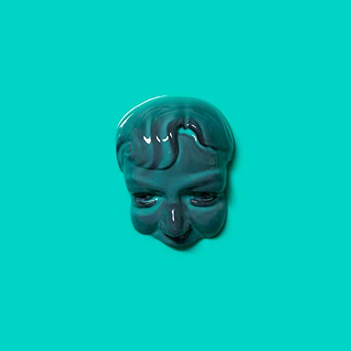 Glossy teal sculpted face against a solid teal background.