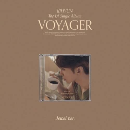 Kihyun’s “Voyager” CD case featuring a man drinking coffee.