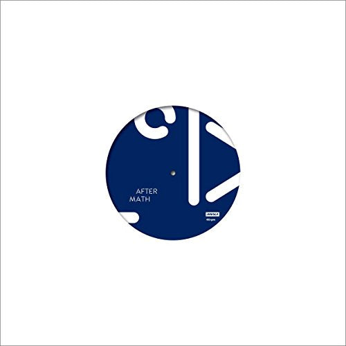 Blue vinyl record with white abstract shapes and "Aftermath" text on a white background.