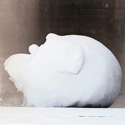 White, sculpted head against a dark, textured background.