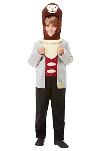 Young boy wearing a brown mole costume hood and red shirt.
