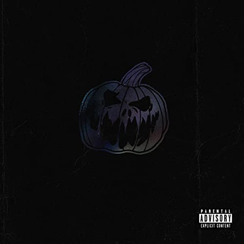 A dark purple jack-o'-lantern on a black background with a parental advisory label.
