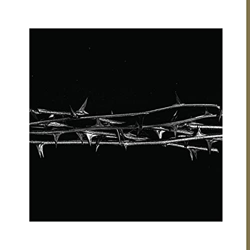 Black and white image of a crown of thorns against a dark background.