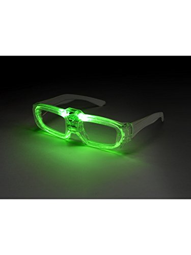 Glowing green glasses with clear lenses and white arms on a dark background.