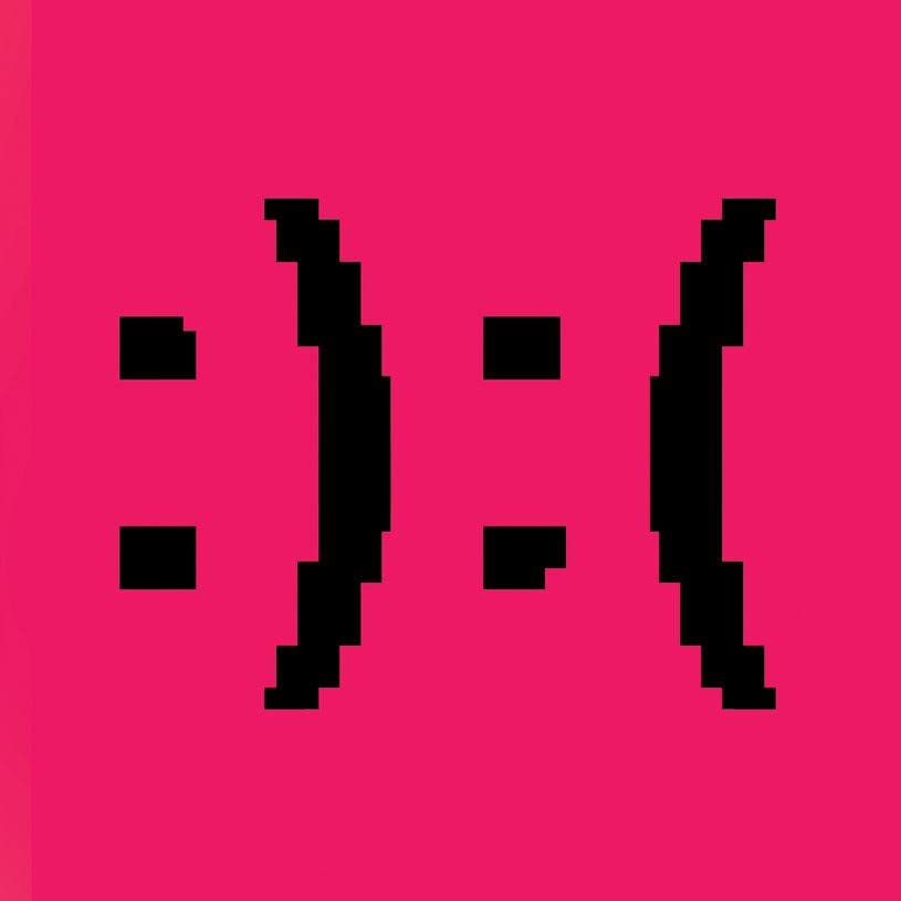 Pink album cover with a pixelated black smiley face design.