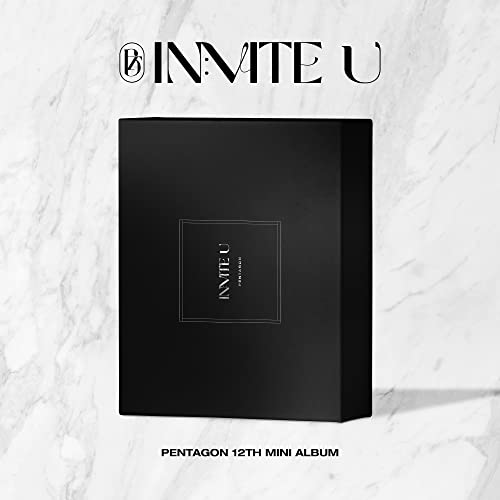Black album cover for Pentagon’s “In:Vite U” with white text and marble background.