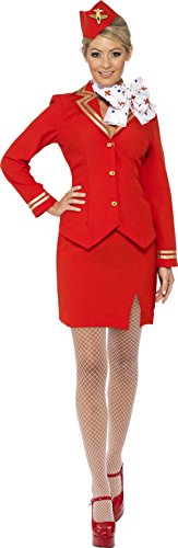 Woman wearing a red flight attendant costume, hat, white scarf, and fishnet stockings.