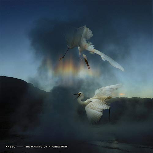 Two white herons fly through dark, misty clouds against a twilight sky.
